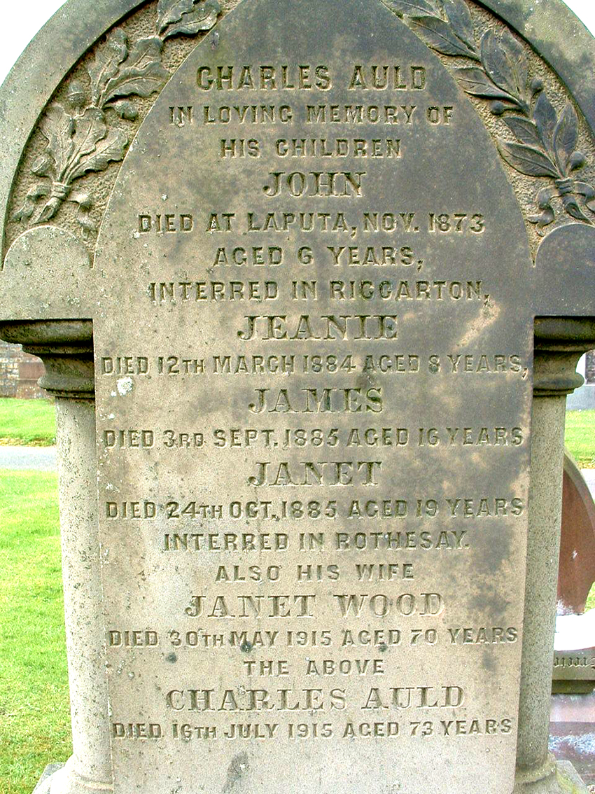 Photo of headstones/Janet Auld d1885 hdstn Riccarton Kaimshill cem Ayrsh
